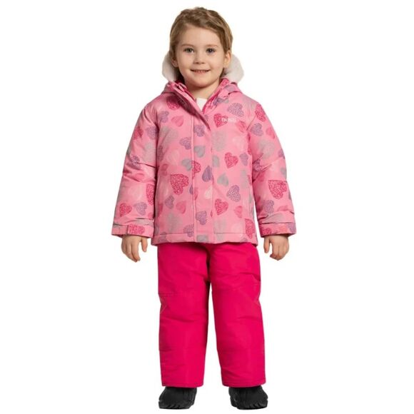 NEW Girl Sz 3 Toddler Heart Print Hooded Coat & Pink Insulated Overalls 2 Pc Set - Picture 1 of 8